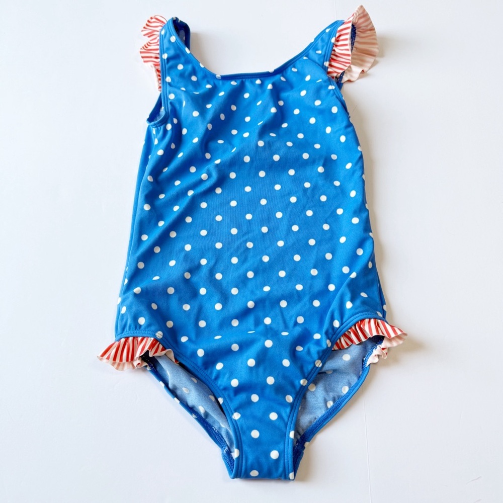 NWT Mini Boden Frilly Printed Swimsuit One-Piece Polka Dot Oasis Blue/Ivory 8-9Y
